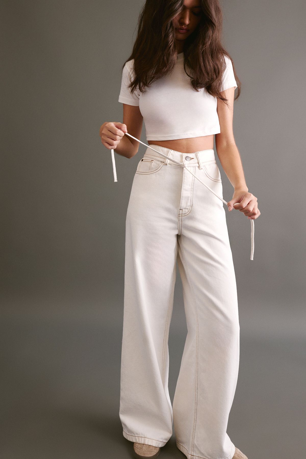 NastyGal The Belted Wide Leg Jeans White image 3