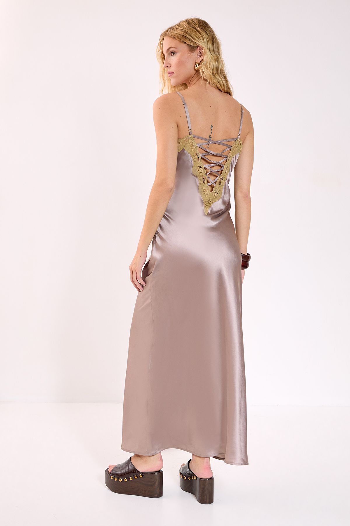 NastyGal Satin Cutwork Lace Strappy Maxi Dress Mauve image 3