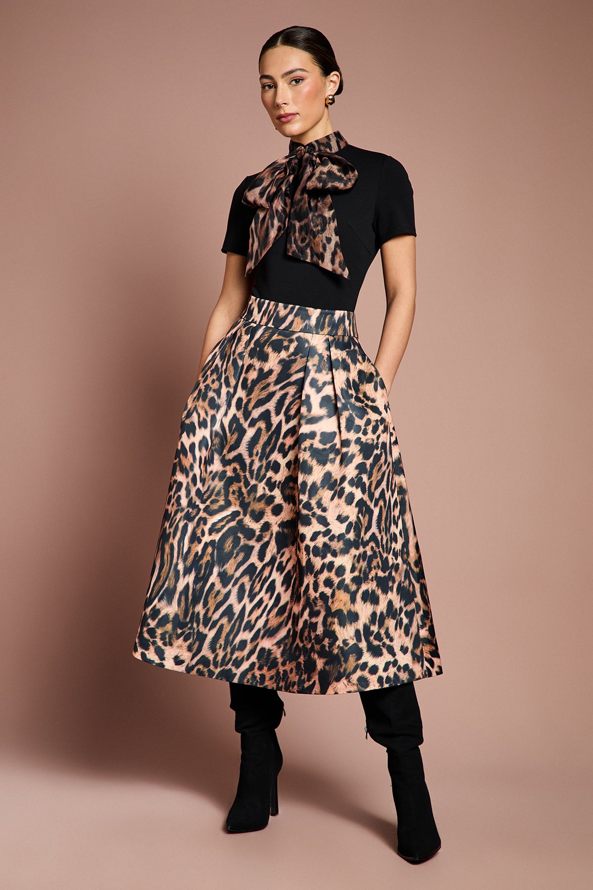 Coast Lisa Tan Short Sleeve Bodysuit With Leopard Tie Neck Black image 4