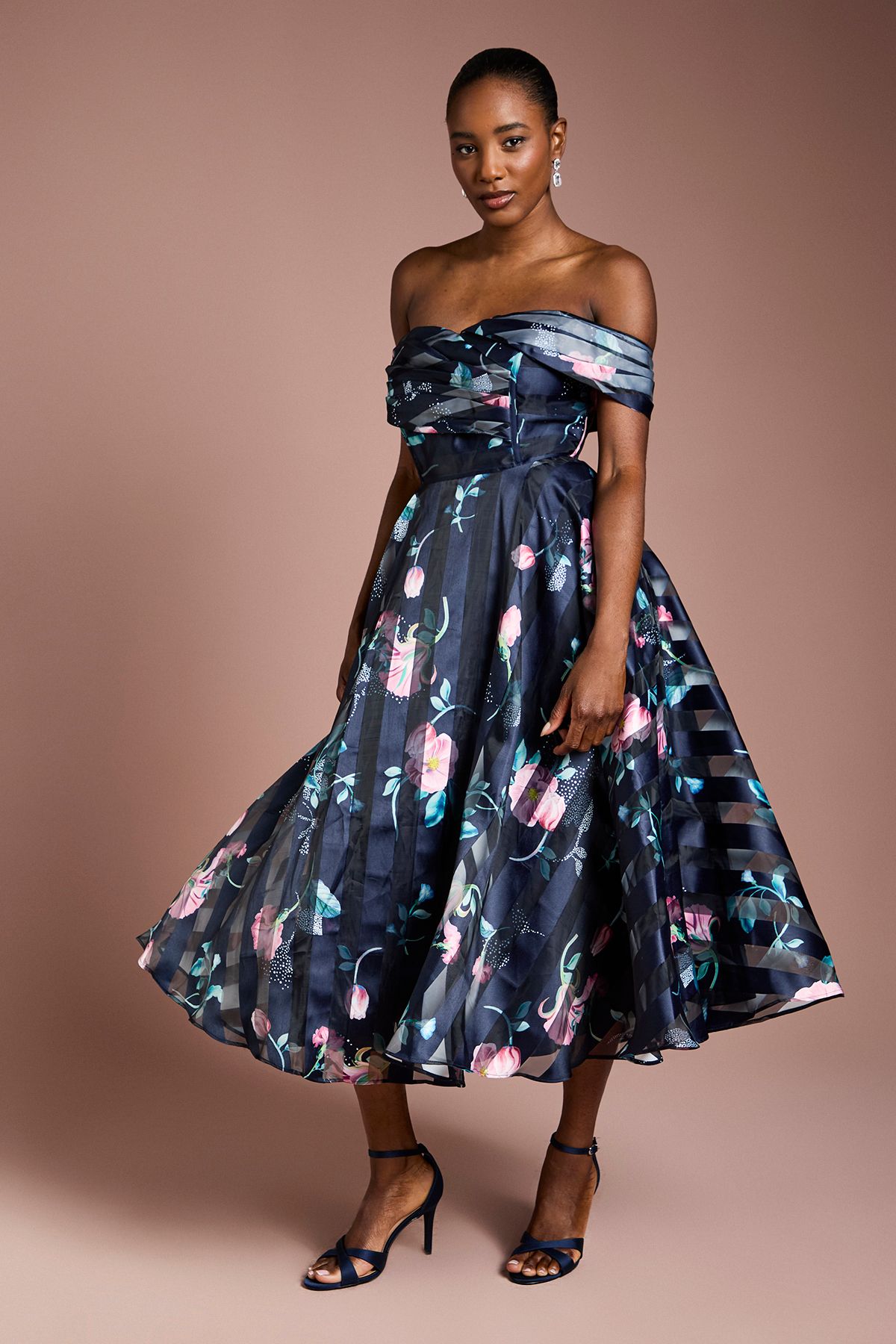 Coast Stripe Organza Pleat Top Midi Dress Navy