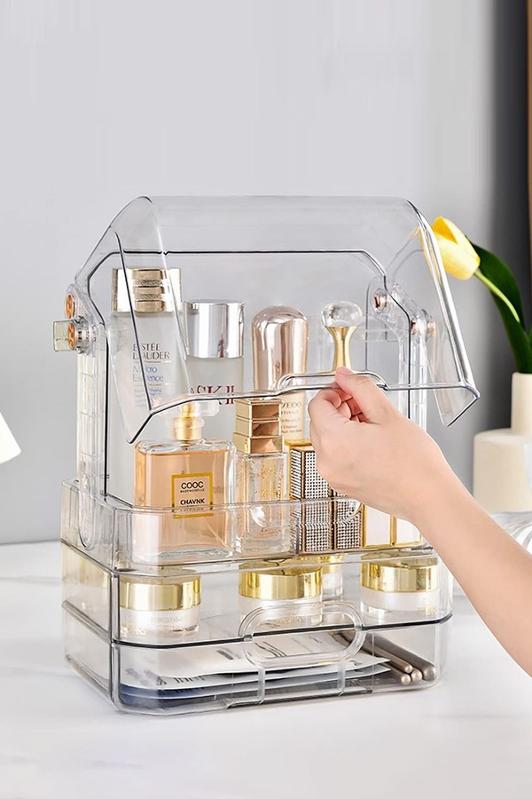 SHEONLY Clear Cosmetic Organizer Storage Box With 2 Drawers Makeup Display Storage Case