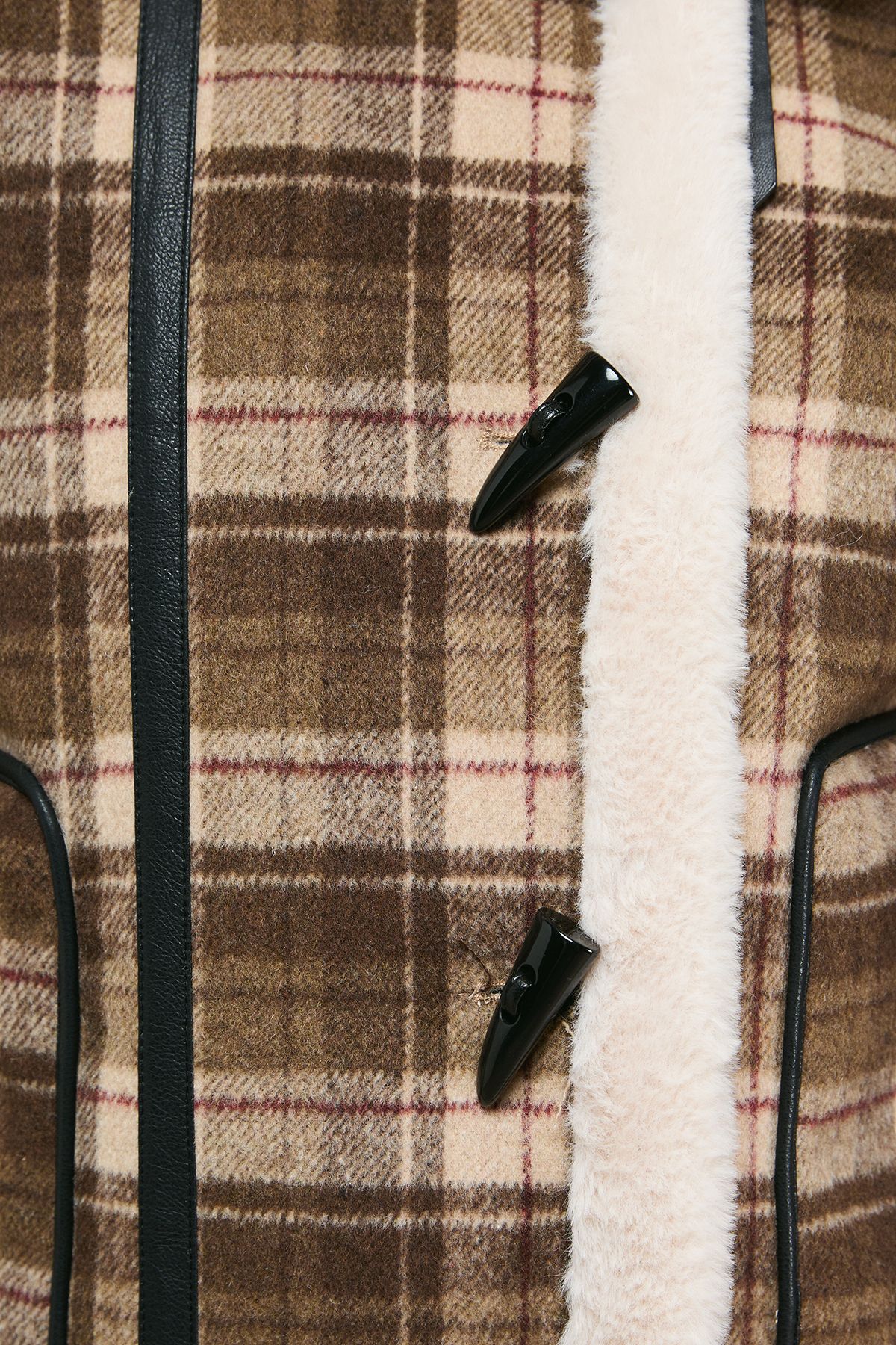 Oasis Shearling Trim Check Coat Chocolate image 4