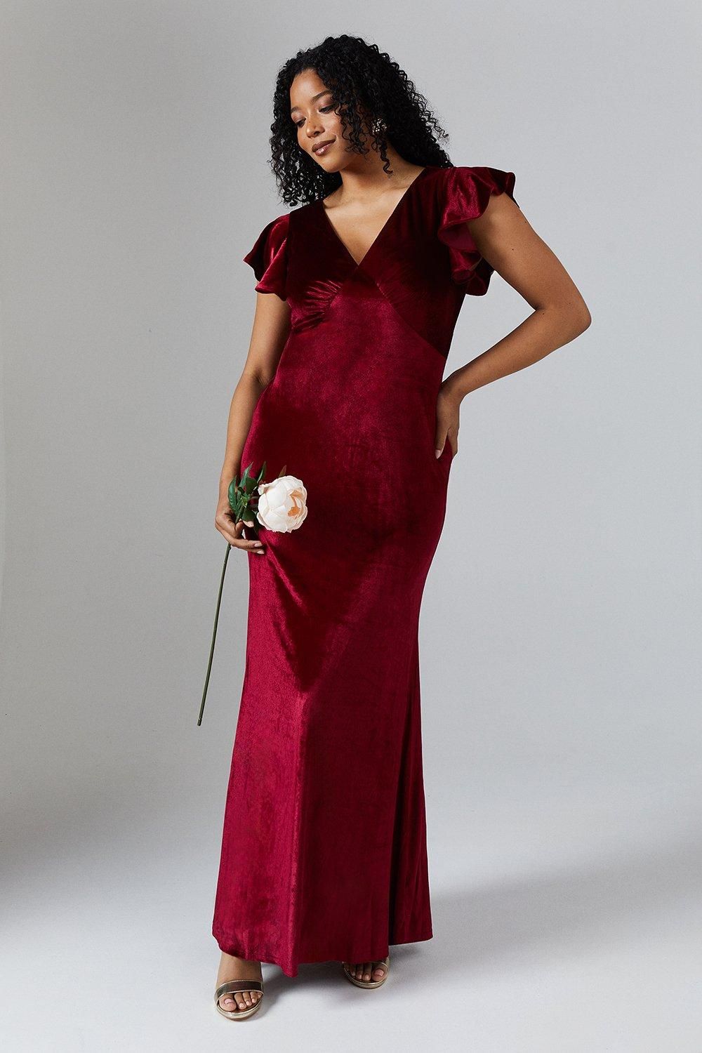 Coast V Neck Ruffle Sleeve Velvet Bridesmaid Dress Malbec image 2