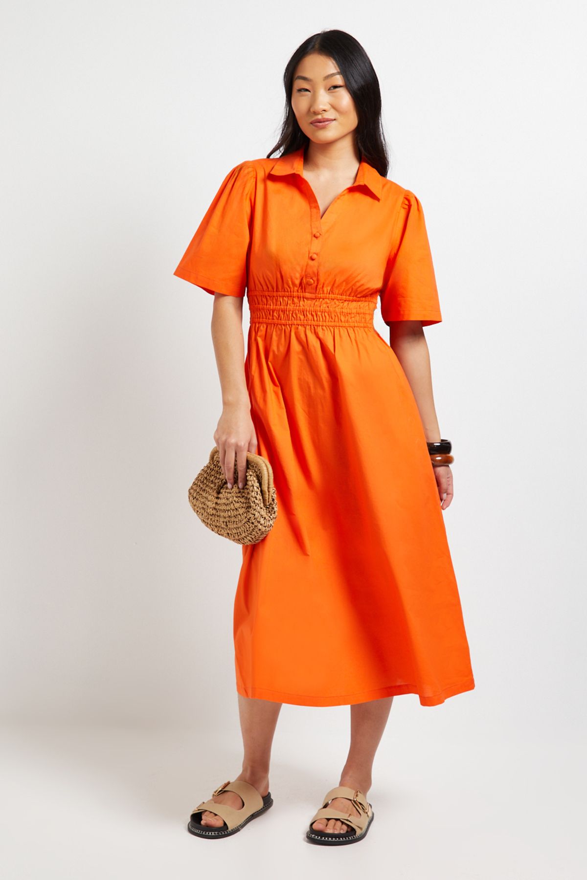 Dorothy Perkins Petite Collar Shirred Waist Detail Poplin Midi Dress Orange