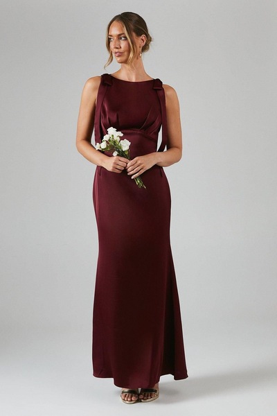 Coast Coast Honoured Sleeveless High Neck Tie Shoulder Satin Maxi Bridesmaid Dress Malbec