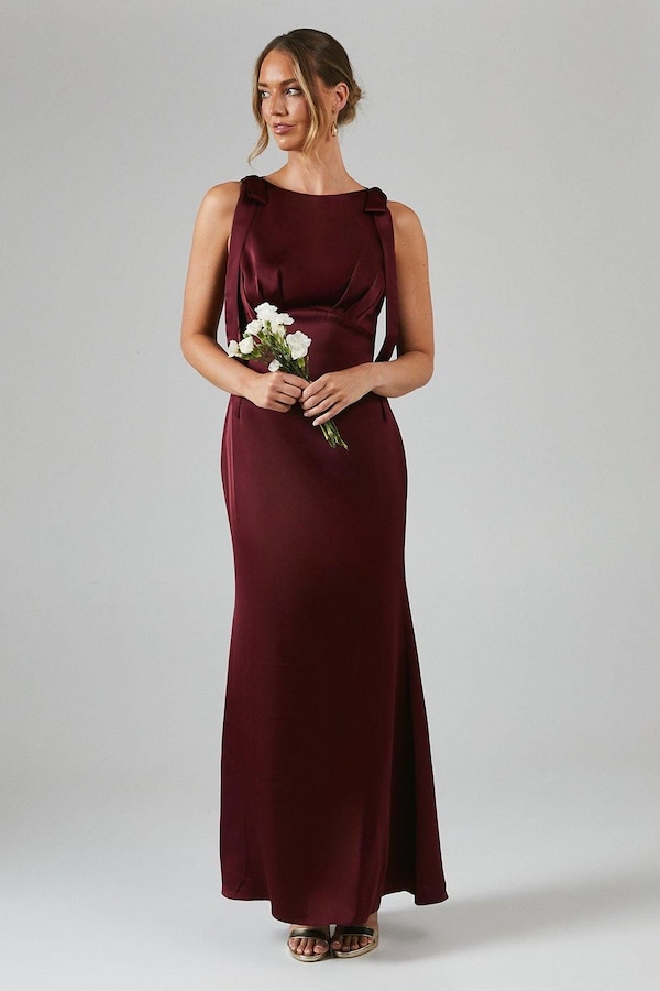 Coast Coast Honoured Sleeveless High Neck Tie Shoulder Satin Maxi Bridesmaid Dress Malbec