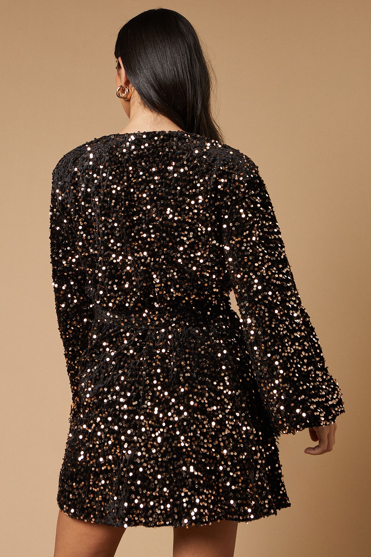 Oasis Sequin Long Sleeve Button Detail Mini Dress Gold image 3