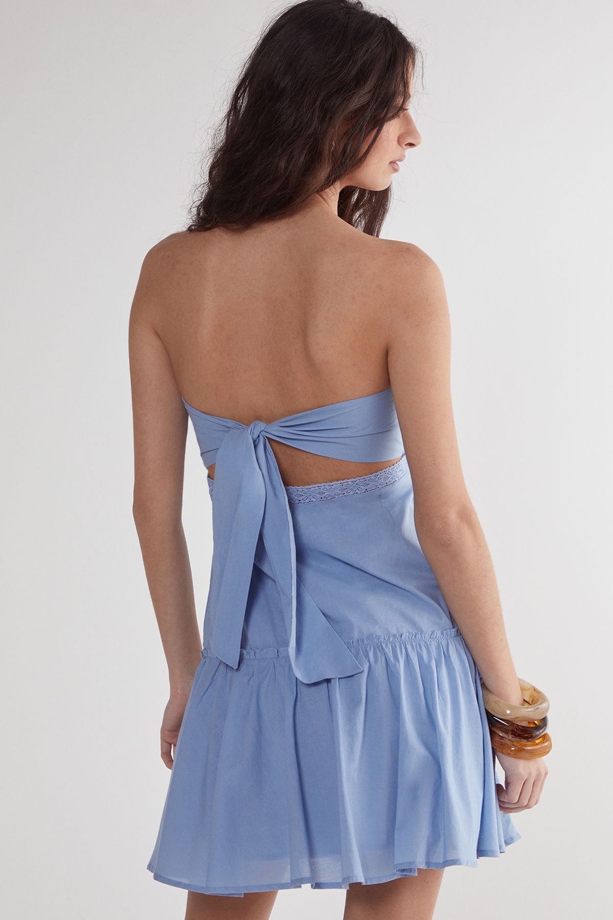 NastyGal Cotton Embroidered Lace Insert Bandeau Tie Back Mini Dress Powder Blue image 4