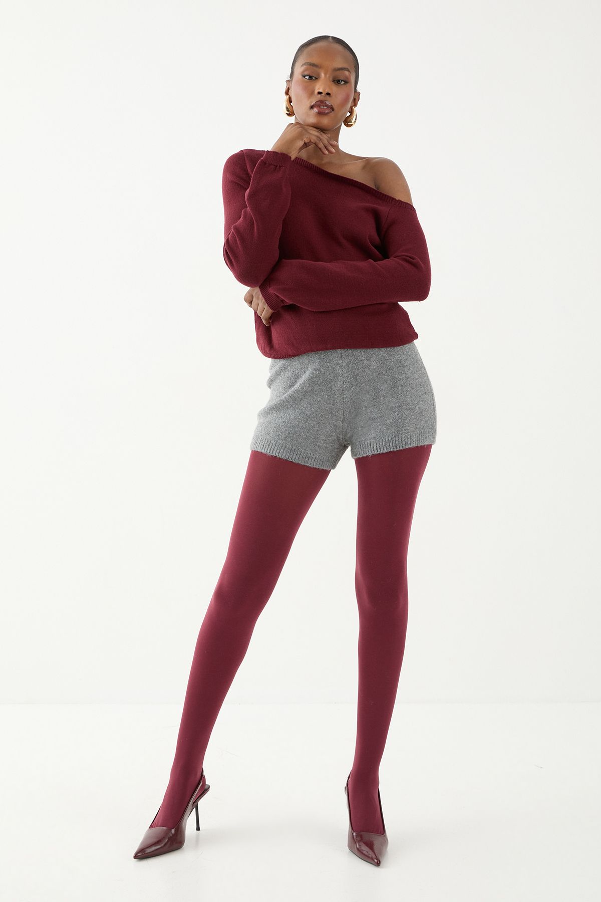 MissPap Knitted Asymmetric Neckline Top Wine image 2