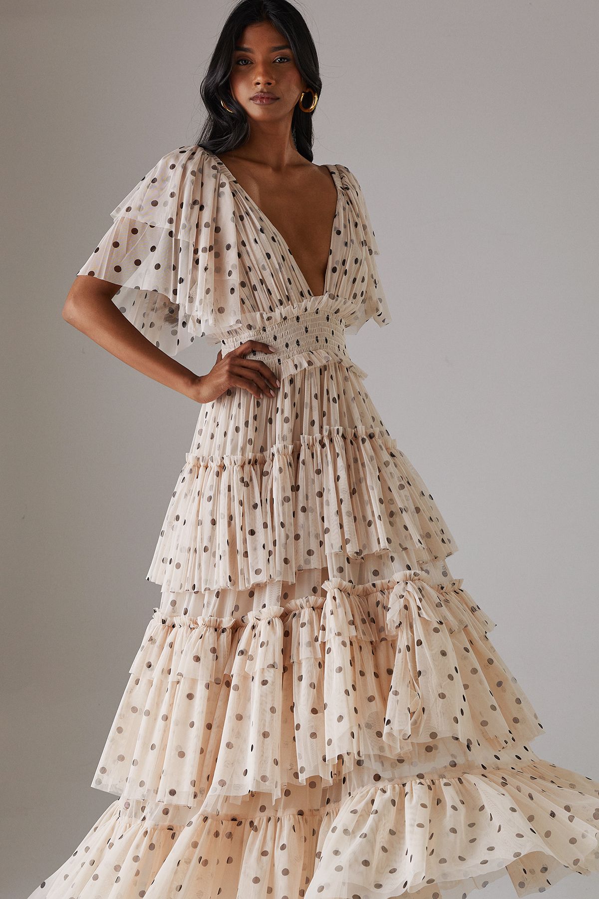 Warehouse Tulle Spot Plunge Neck Flutter Sleeve Tier Maxi Dress Cream image 4