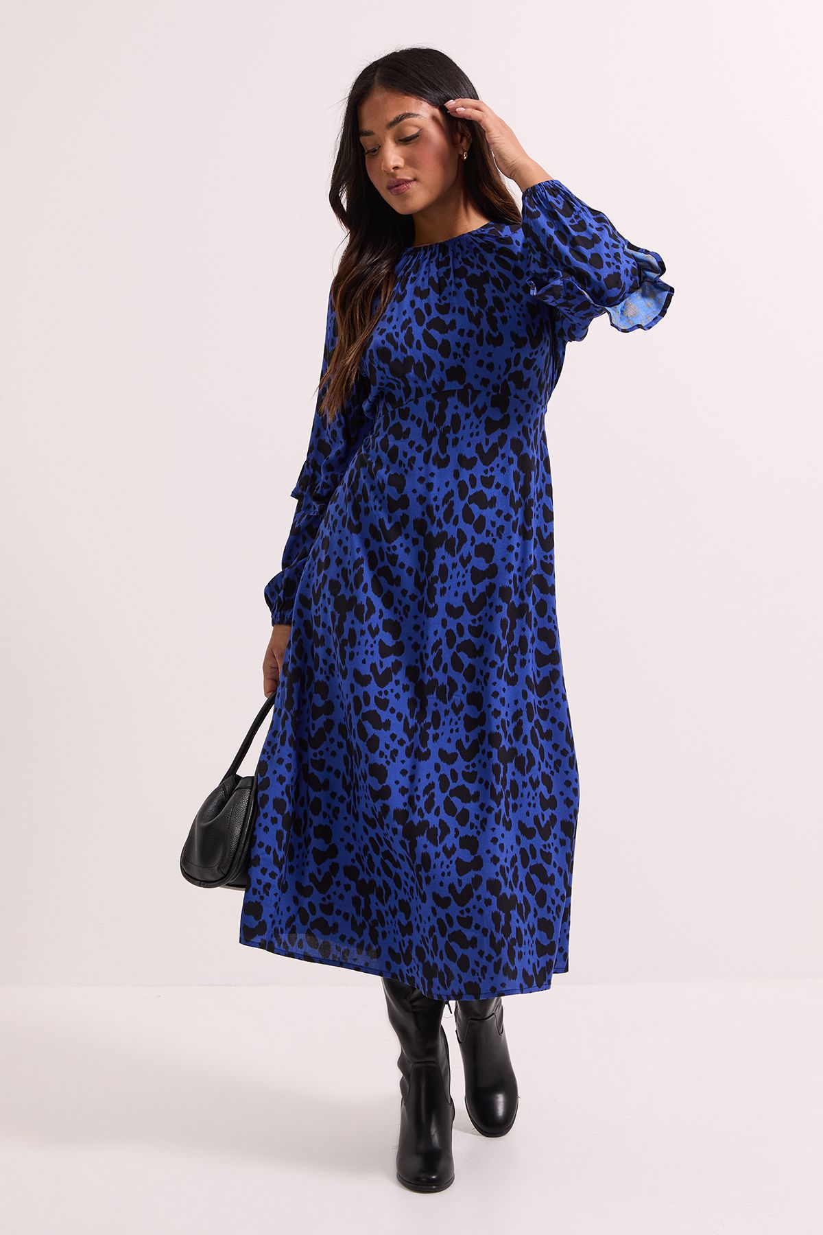 Dorothy Perkins Petite Printed Ruffle Blouson Sleeve Empire Seam Midi Dress Blue image 1