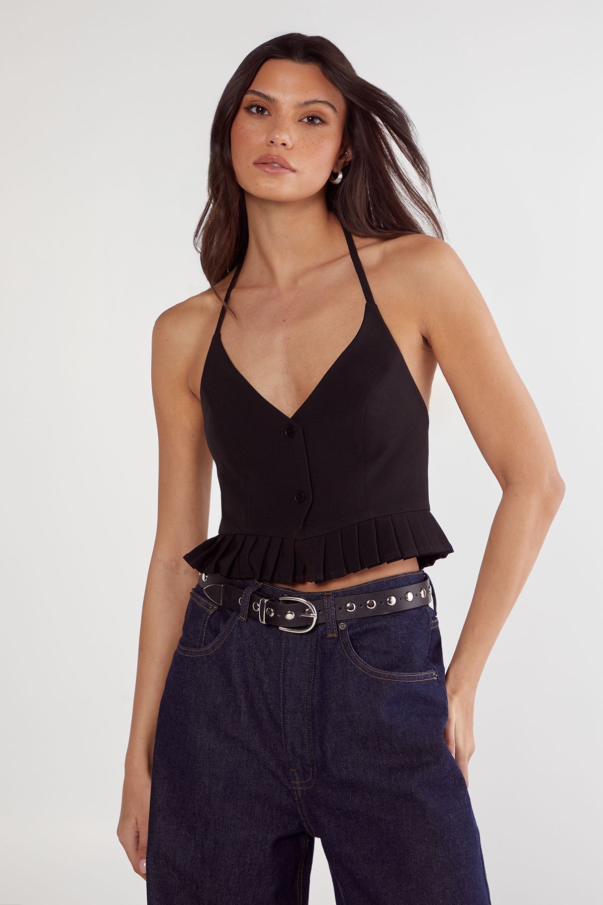 NastyGal Pleated Hem Tailored Top Black image 1
