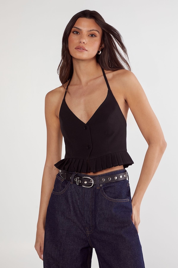 NastyGal Pleated Hem Tailored Top Black