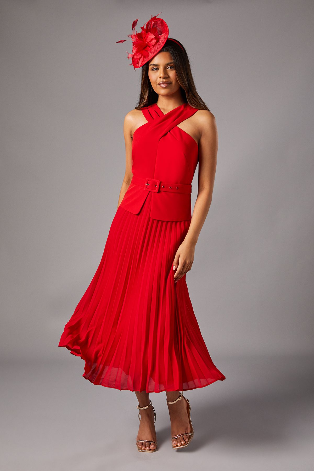 Coast Petite Cross Over Neck Pleated Midi Dress Flame Red image 1