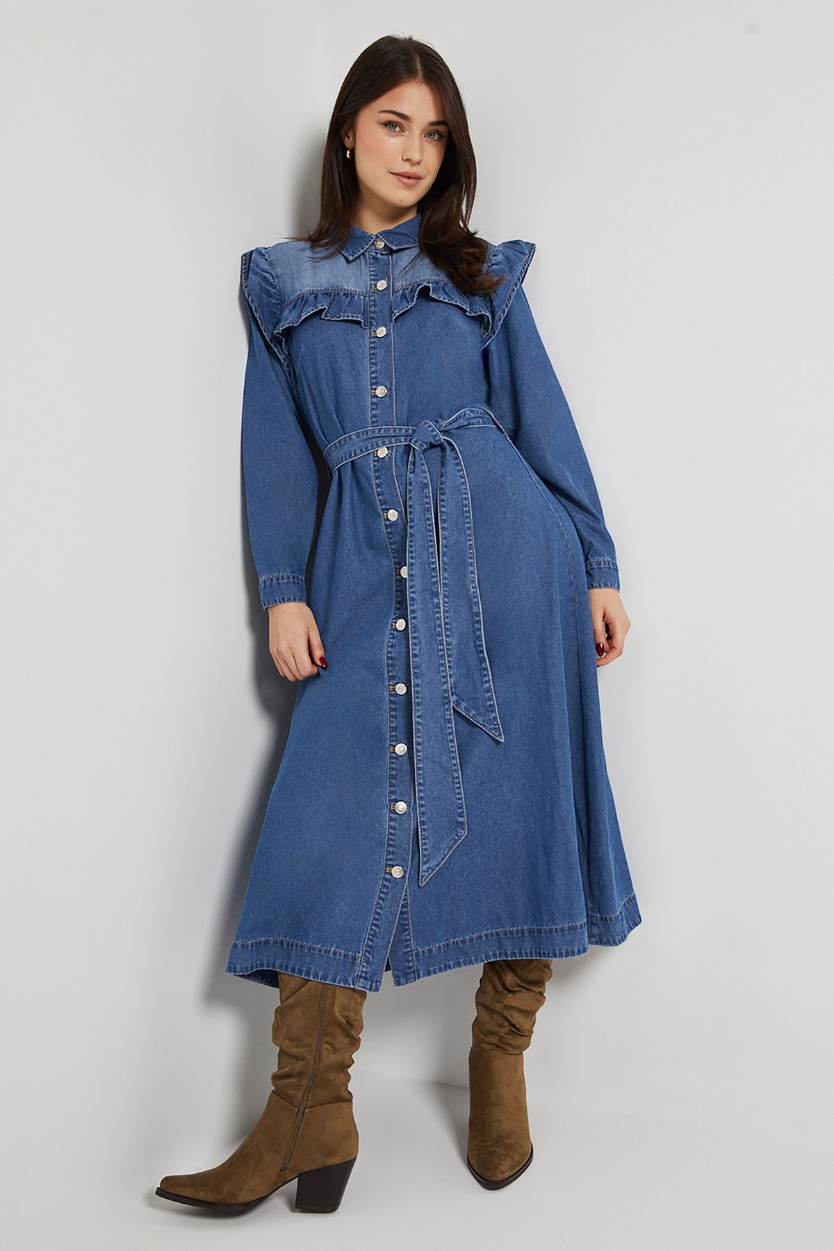 Dorothy Perkins Frill Yoke Denim Dress Mid Wash image 4