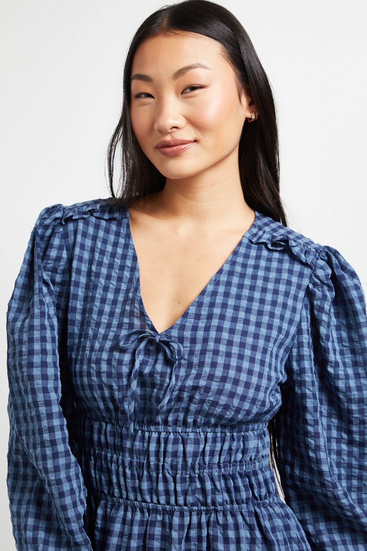 Dorothy Perkins Petite Shirred Waist Tie Detail Gingham Midaxi Dress Blue image 4