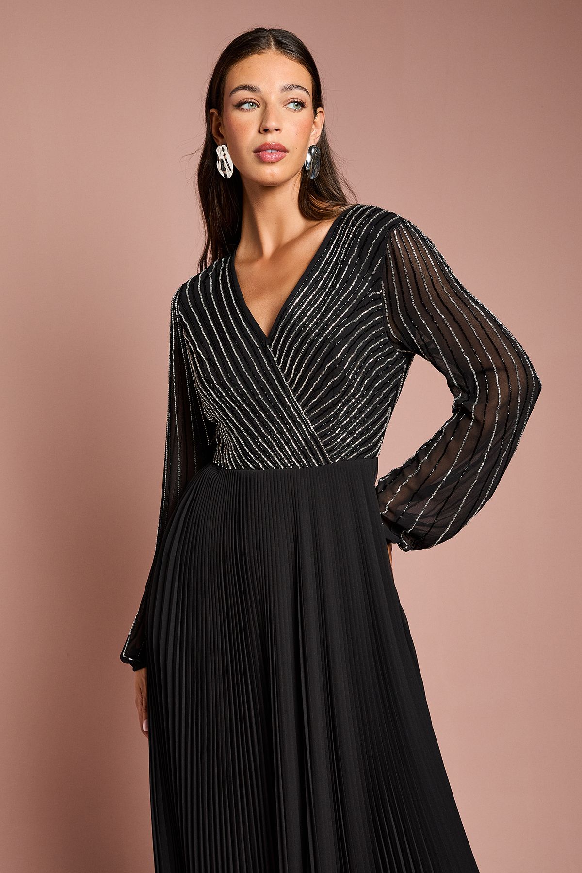 Coast Embellished Wrap Bodice Midi Dress With Pleated Skirt Black image 2