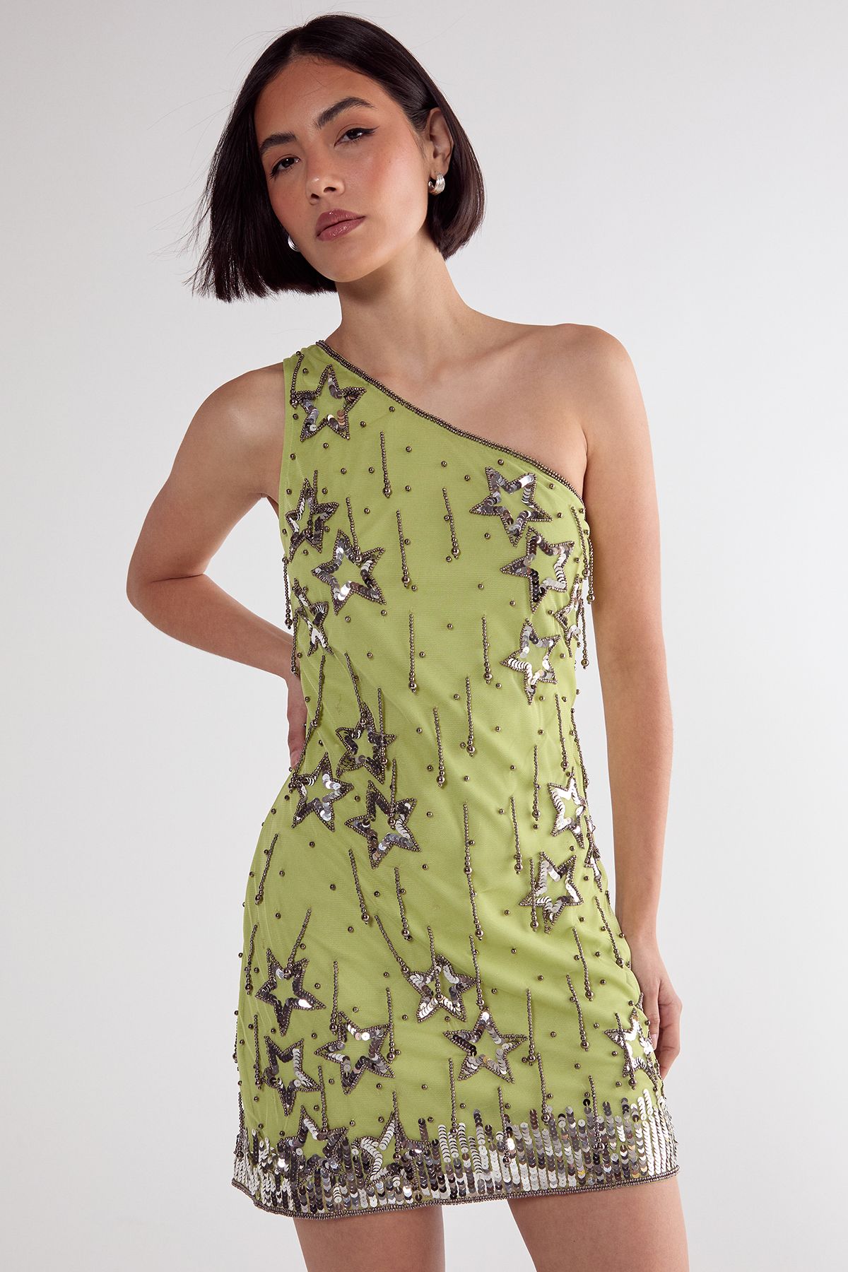 NastyGal Star Sequin Tassel One Shoulder Mini Dress Lime image 2