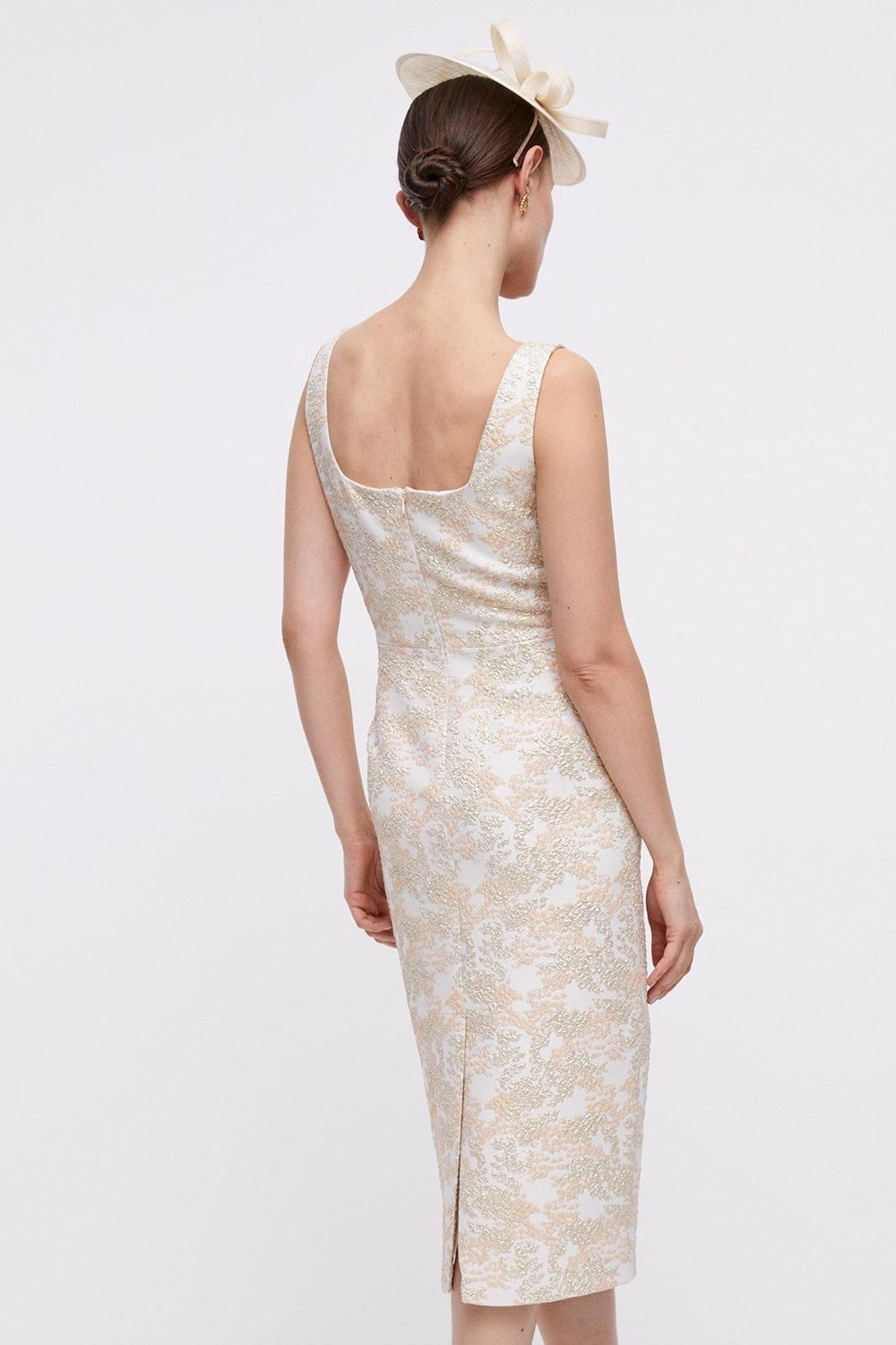 Coast Premium Stretch Jacquard Ruche Side Pencil Dress Gold image 5