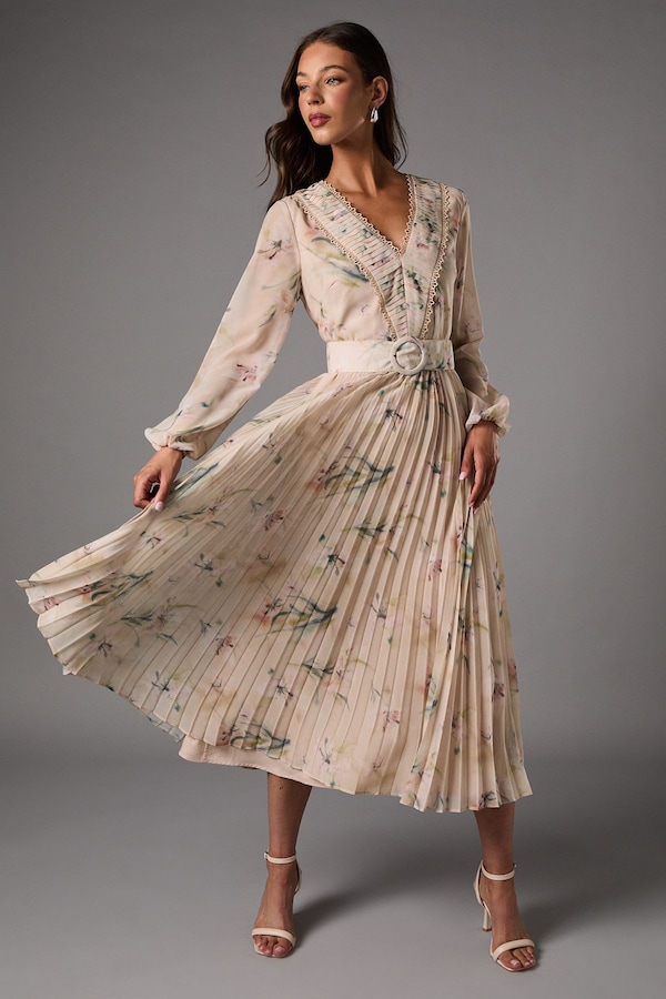 Coast Long Sleeve V Neck Pleated Midi Dress With Belt Nude