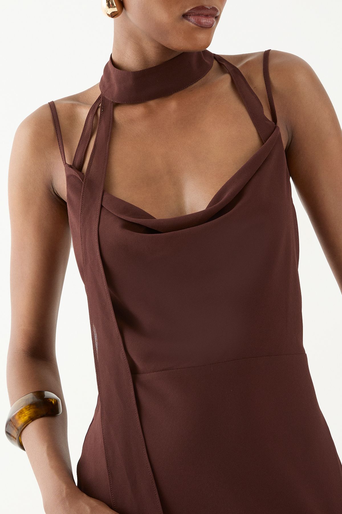 MissPap Halter Neck Chiffon Scarf Maxi Dress Chocolate image 5