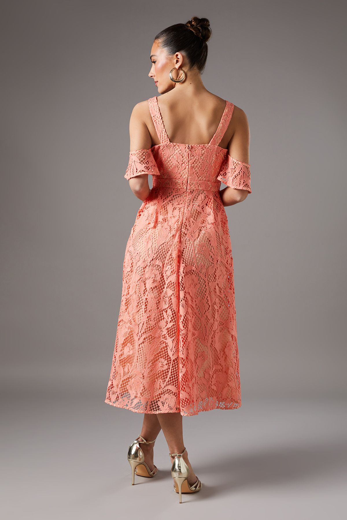 Coast Off The Shoulder Lace Fit And Flare Dress Coral image 4