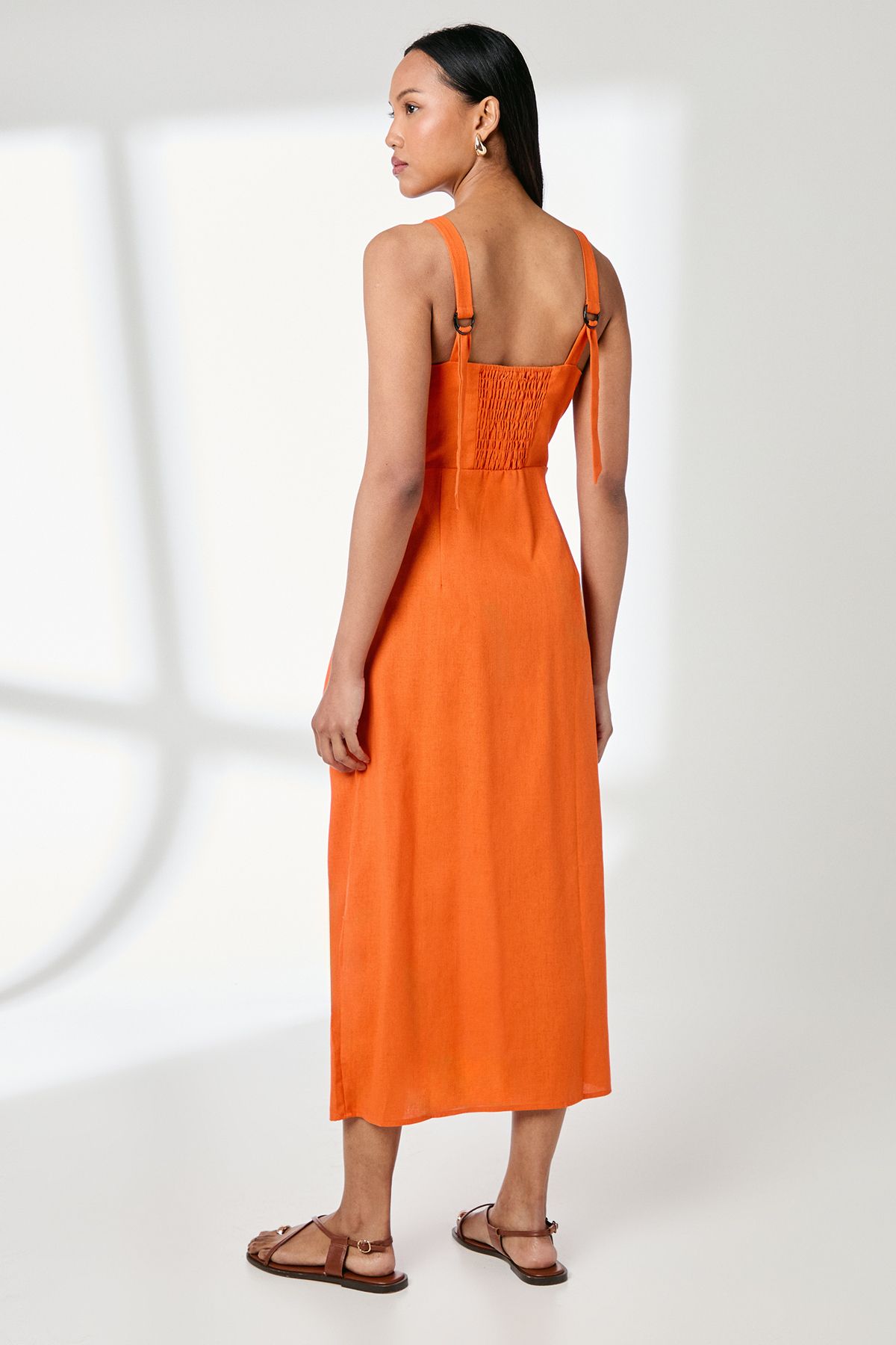Principles Button Detail Square Neck Linen Blend Midi Dress Orange image 3