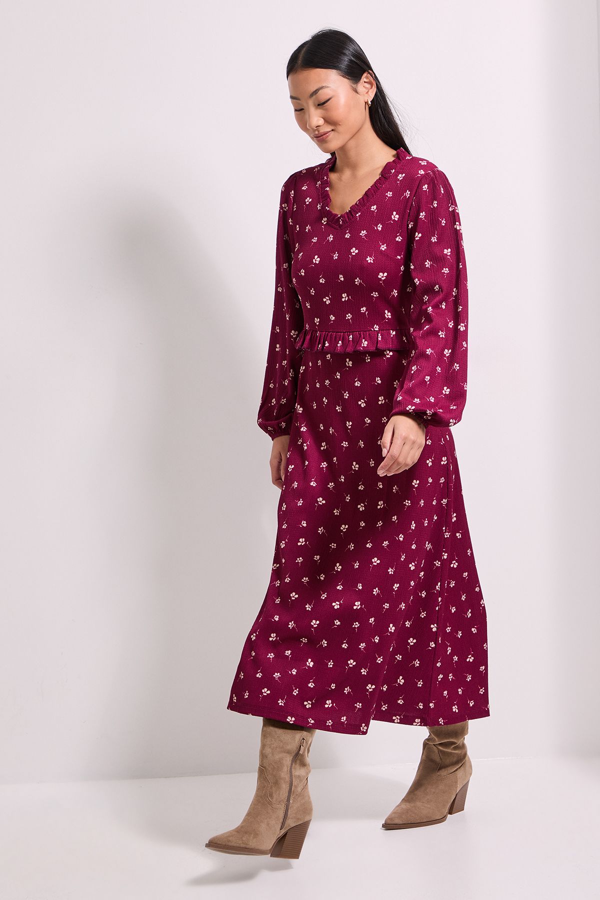 Dorothy Perkins Petite Ditsy Floral Frill Scoop Neck Blouson Sleeve Jersey Midi Dress Floral image 1