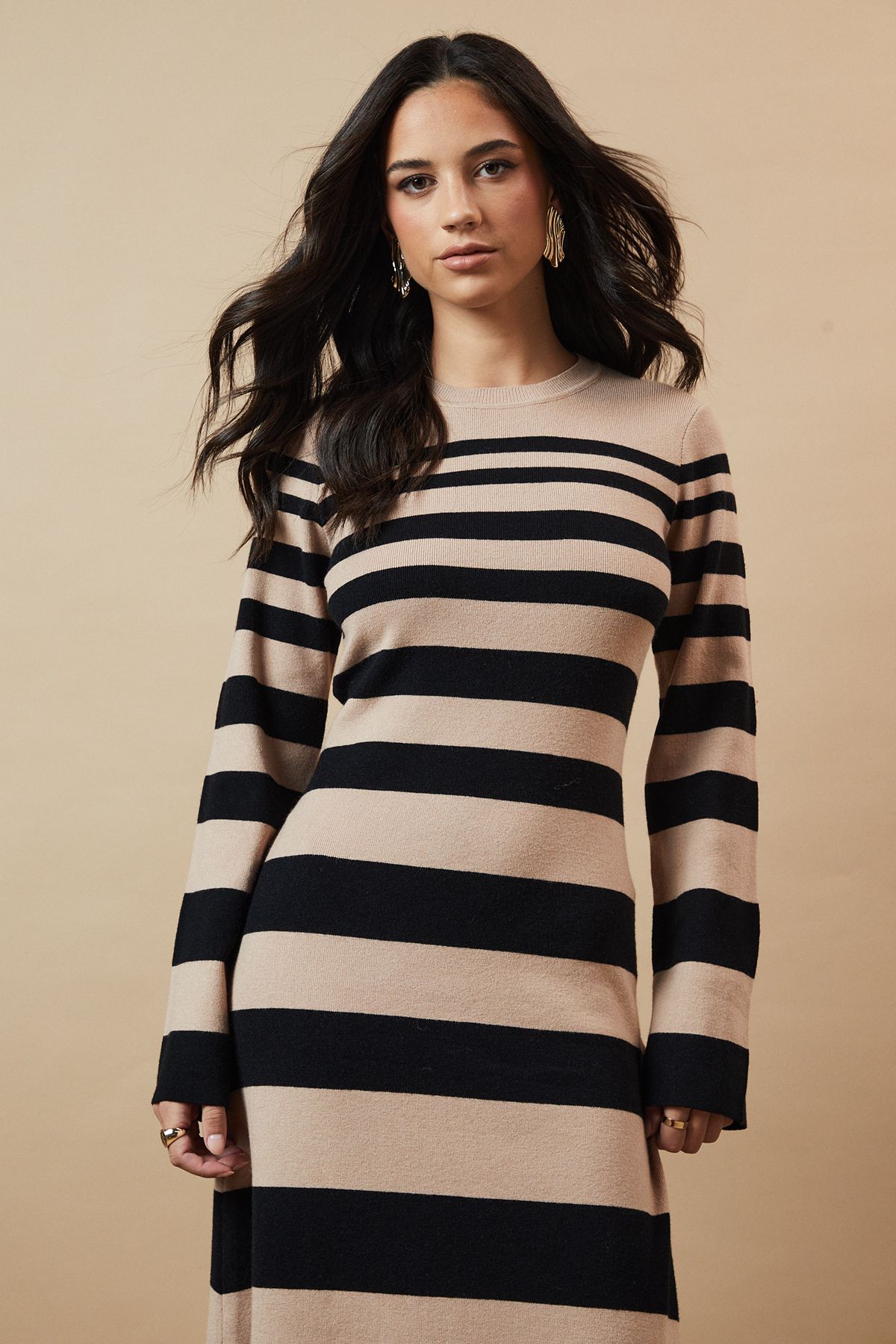 Oasis Striped Knitted Midi Dress Stone image 4