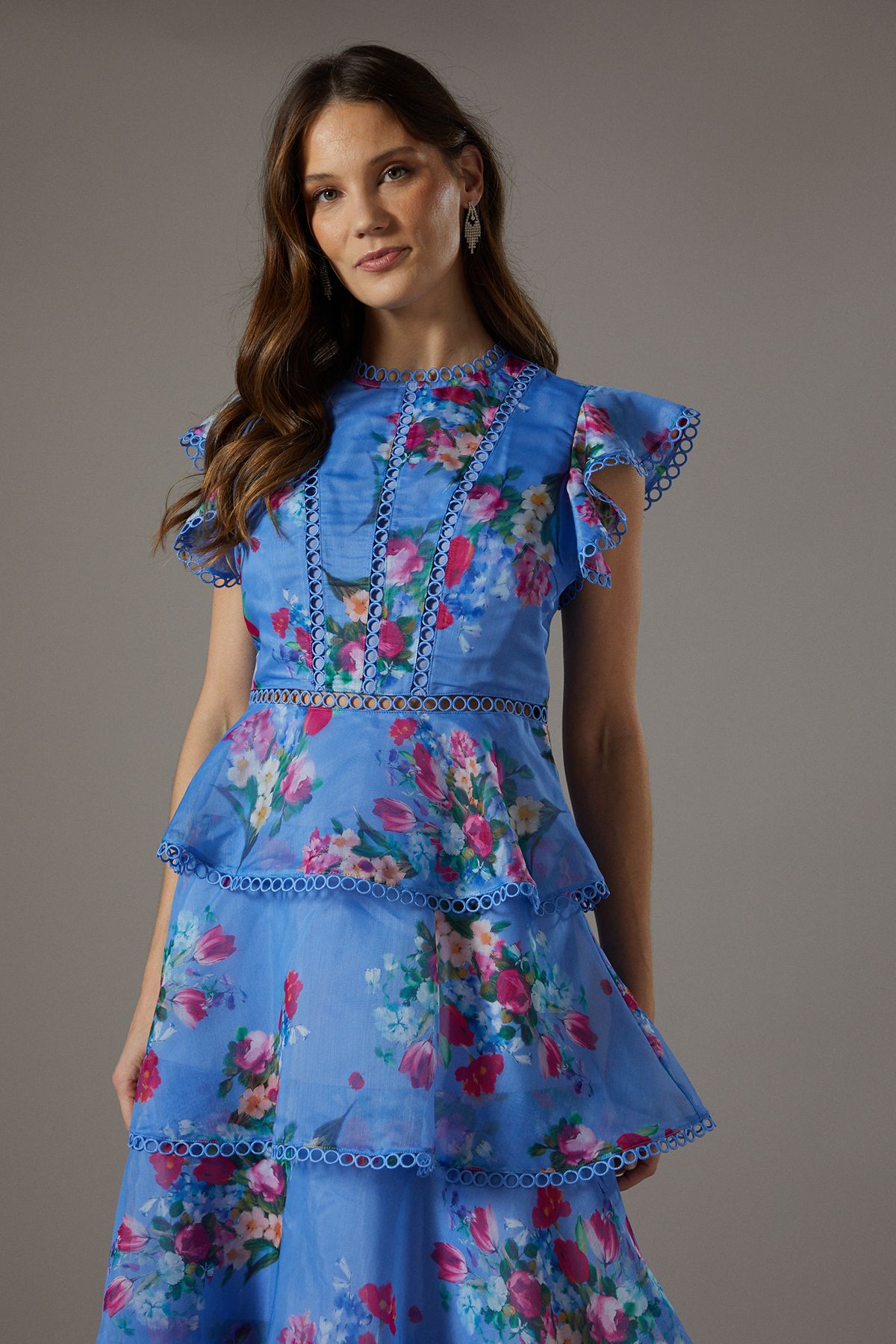 Coast Lace Trim Tiered Organza Midi Dress Blue image 2