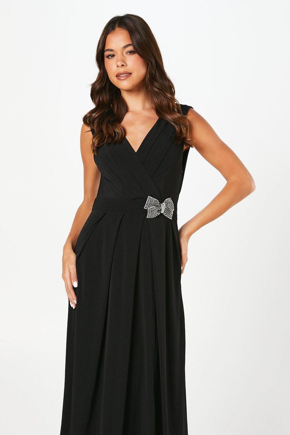 Coast Stretch Jersey Pleated Bodice Maxi Dress With Diamante Brooch Black image 2