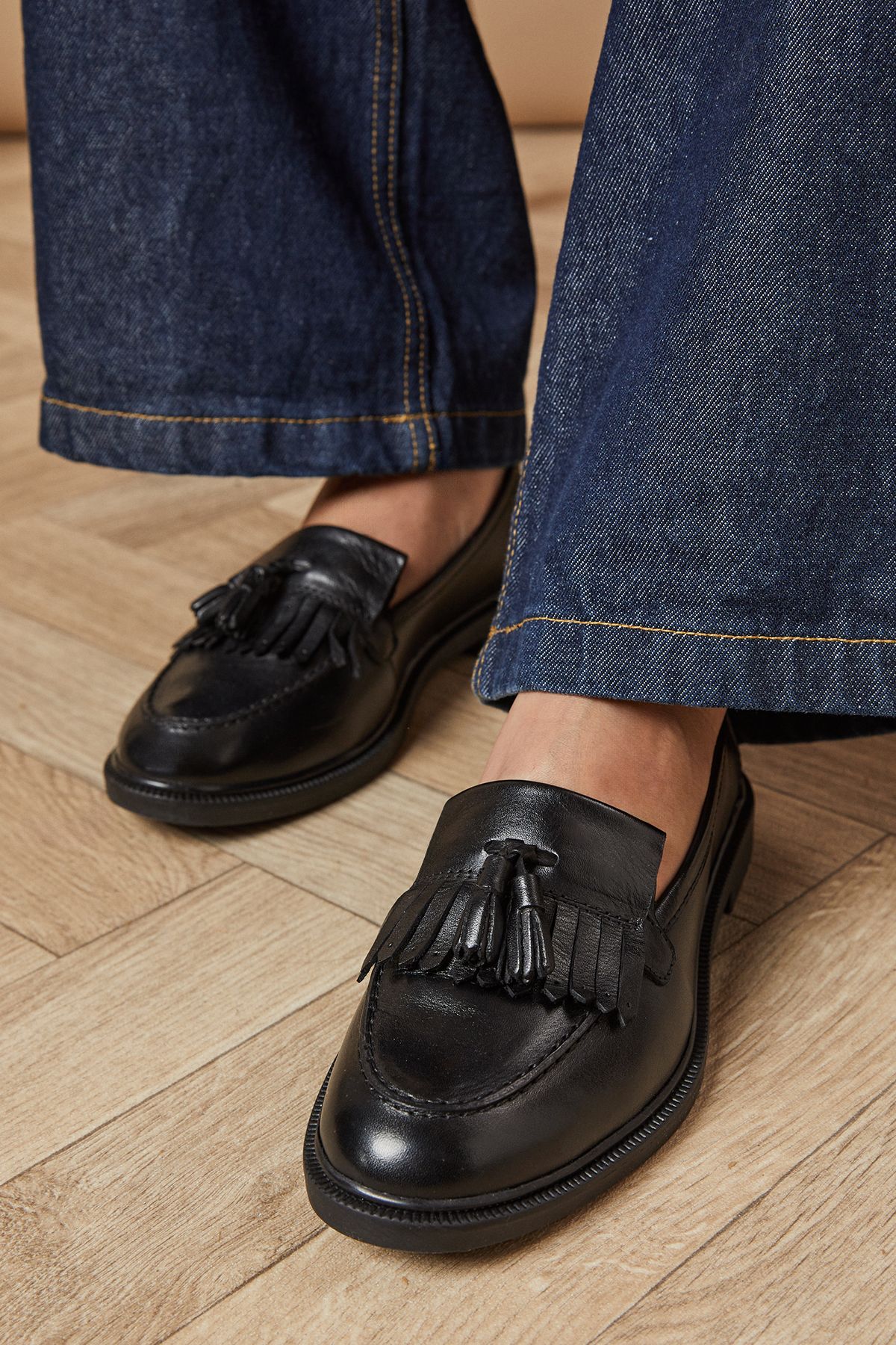 Oasis Brighton Real Leather Tassel Loafers Black
