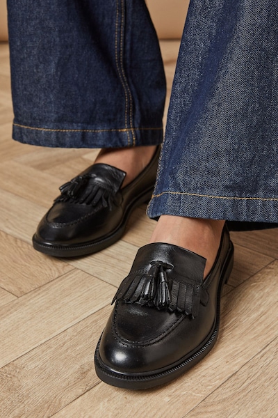 Oasis Brighton Real Leather Tassel Loafers Black
