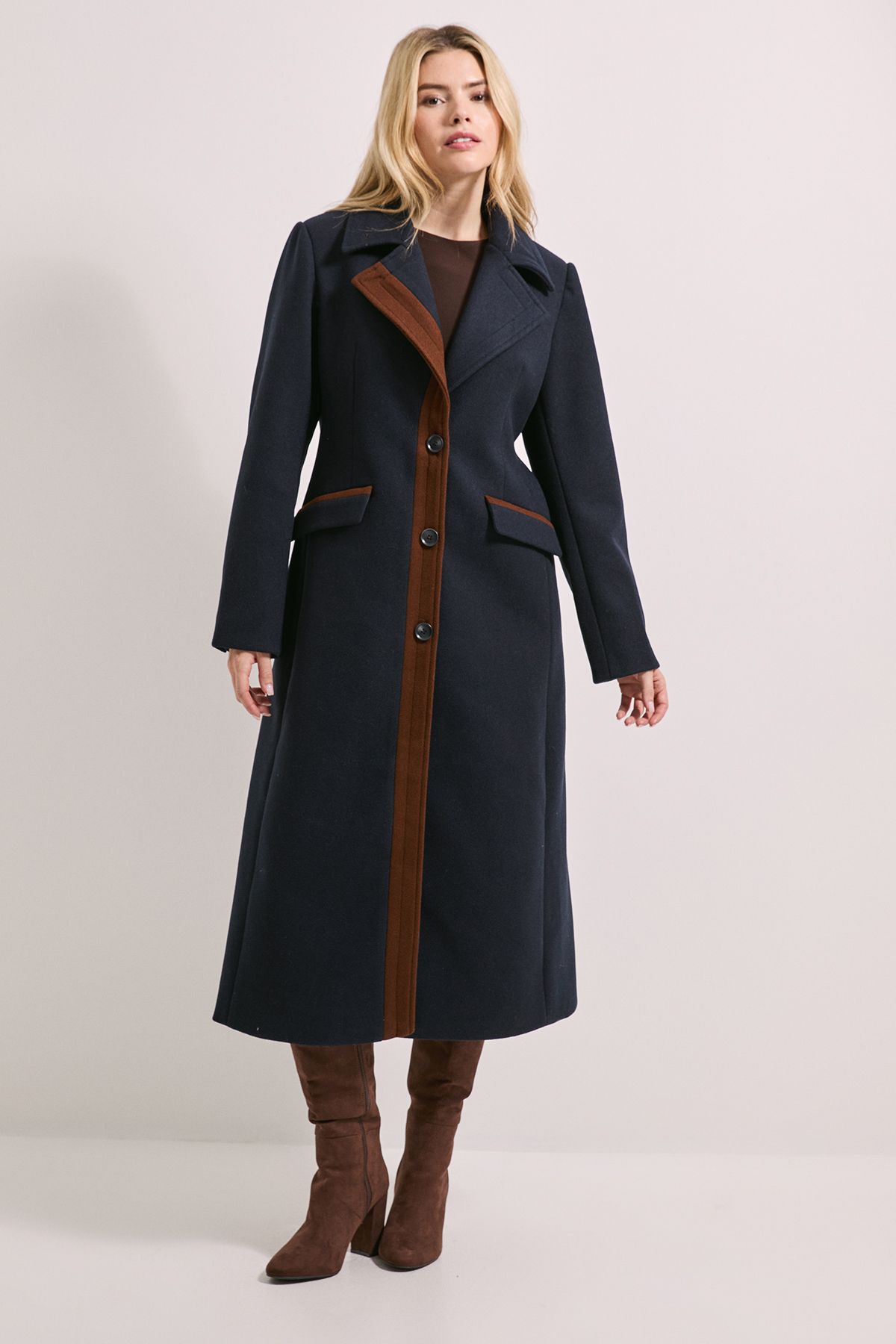 Dorothy Perkins Contrast Detail Single Breasted Midi Coat Navy image 1