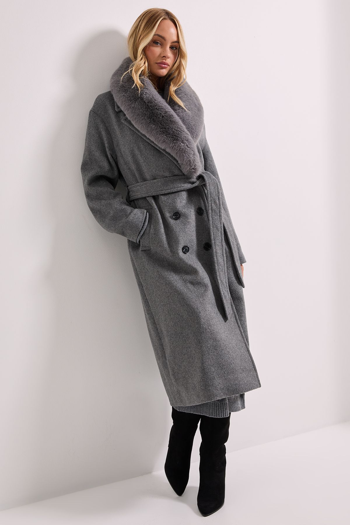 Dorothy Perkins Faux Fur Collar Belted Longline Coat Grey image 1