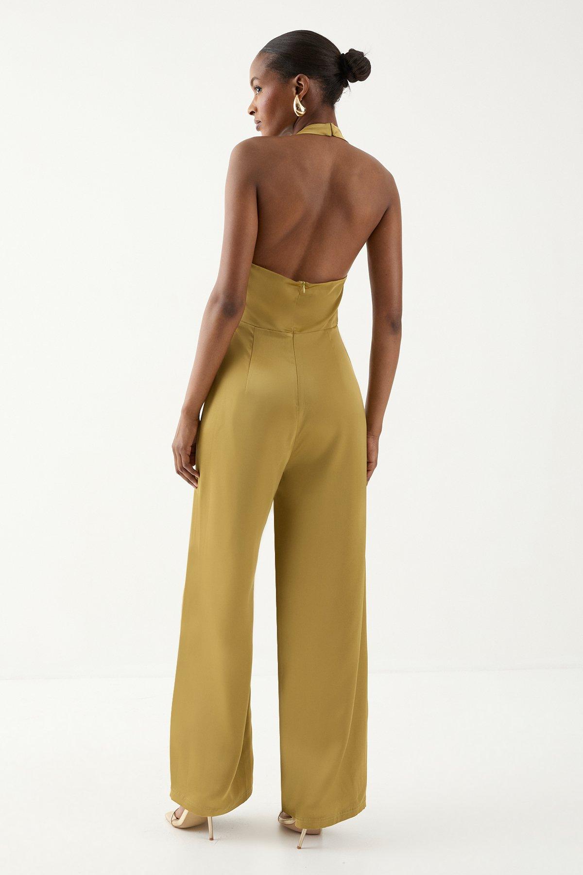 Asos Green Satin Jumpsuit MissPap Green Satin Cowl Halter Neck