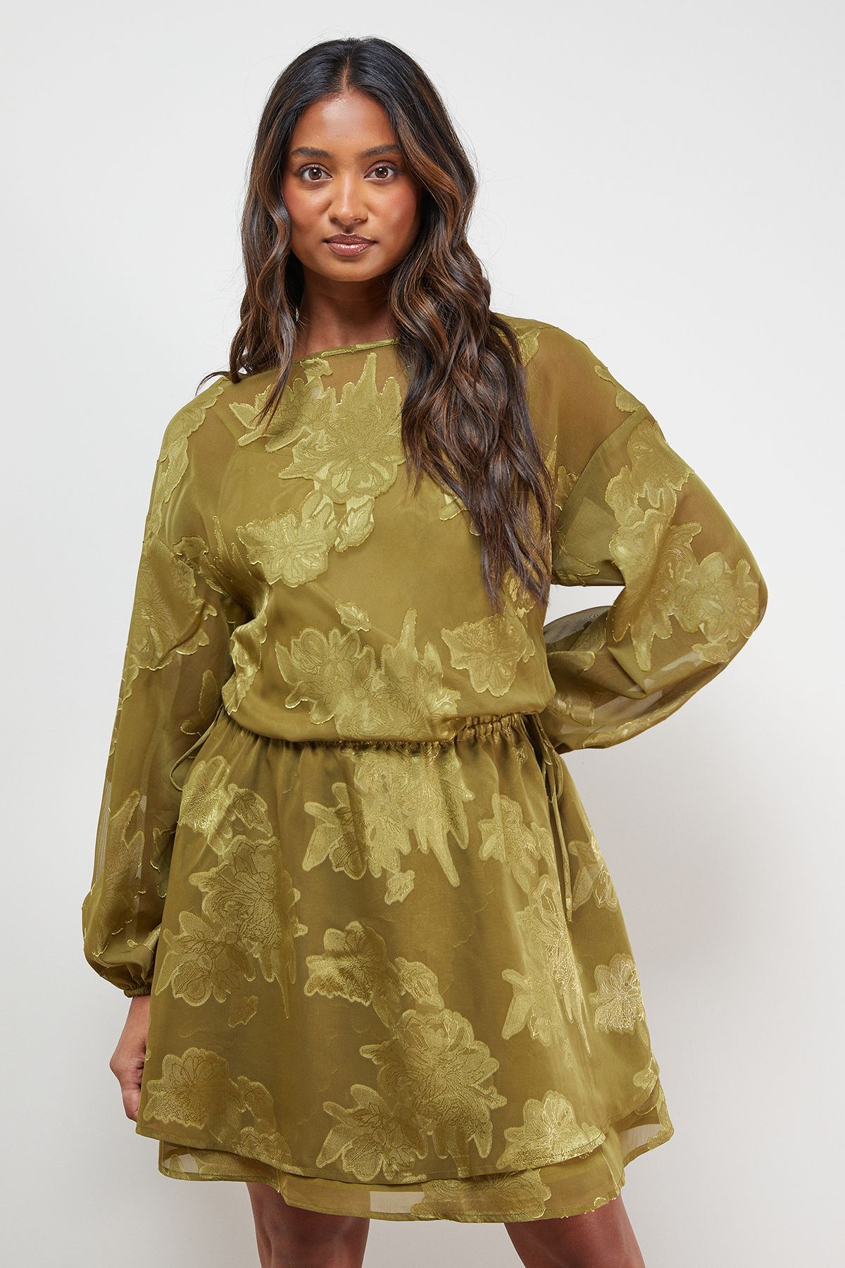 Oasis Boho Tie Sleeve Mini Dress Olive image 2