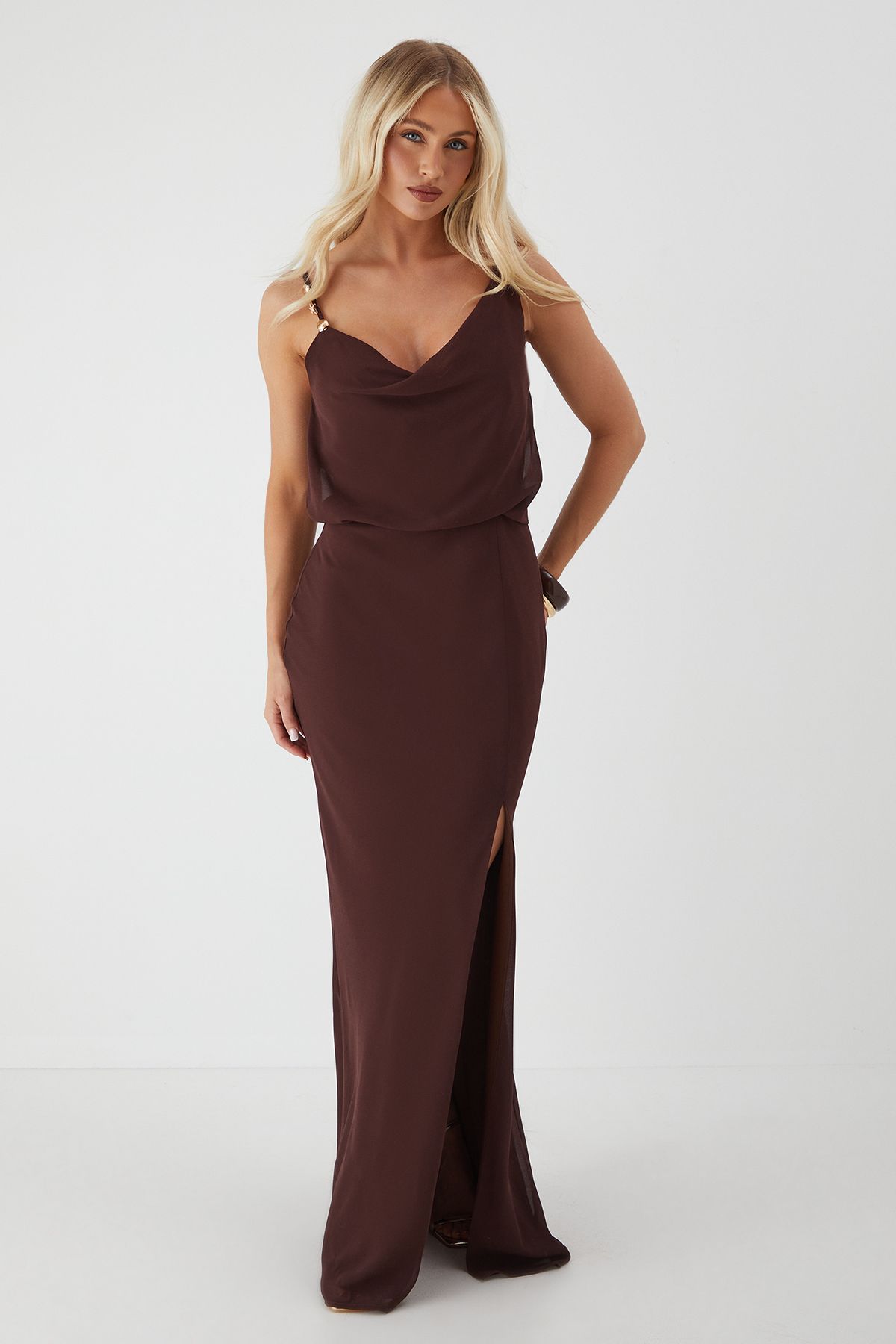 MissPap Shell Trim Asymmetric Cowl Maxi Dress Chocolate image 1