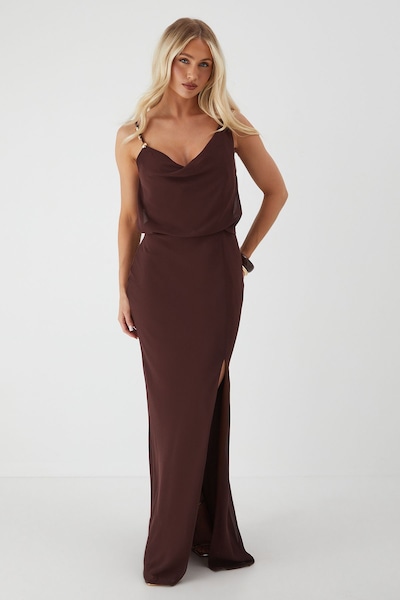 MissPap Shell Trim Asymmetric Cowl Maxi Dress Chocolate