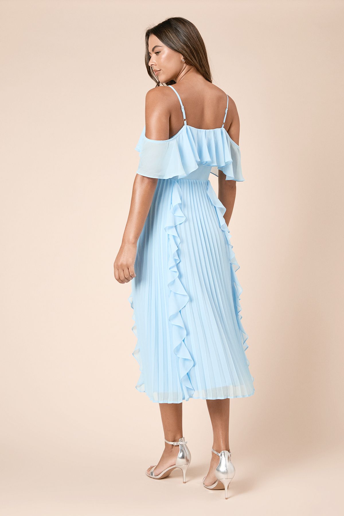 Dorothy Perkins DP Petite Luxe Ruffle Front Cold Shoulder Midi Dress Blue image 4