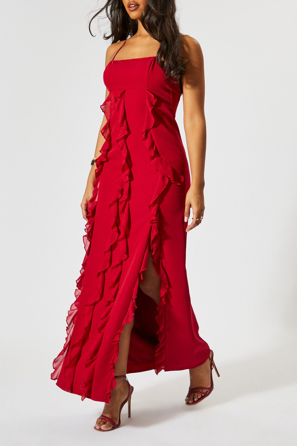 MissPap Square Neck Frill Low Back Maxi Dress Red image 3