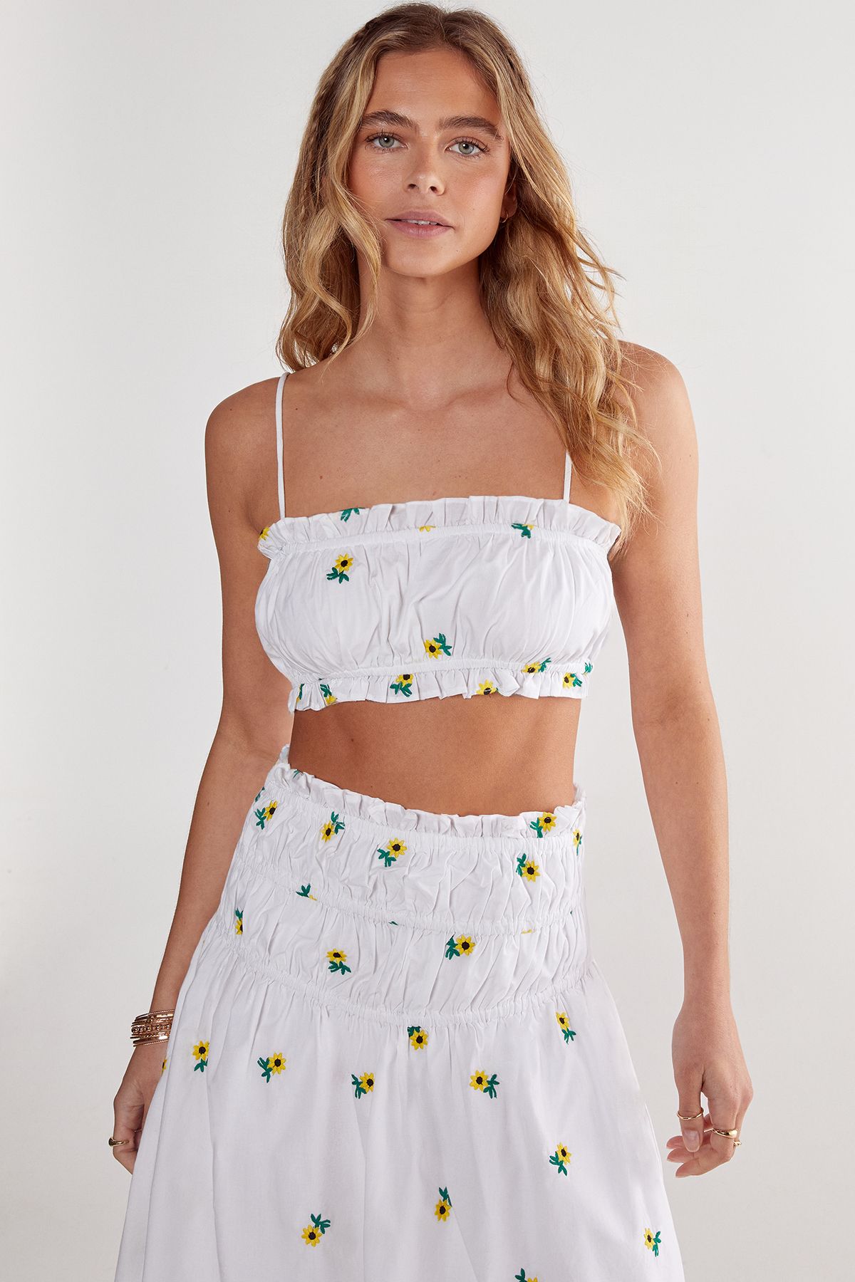 NastyGal Sunflower Embroidered Ruched Crop Top White image 3