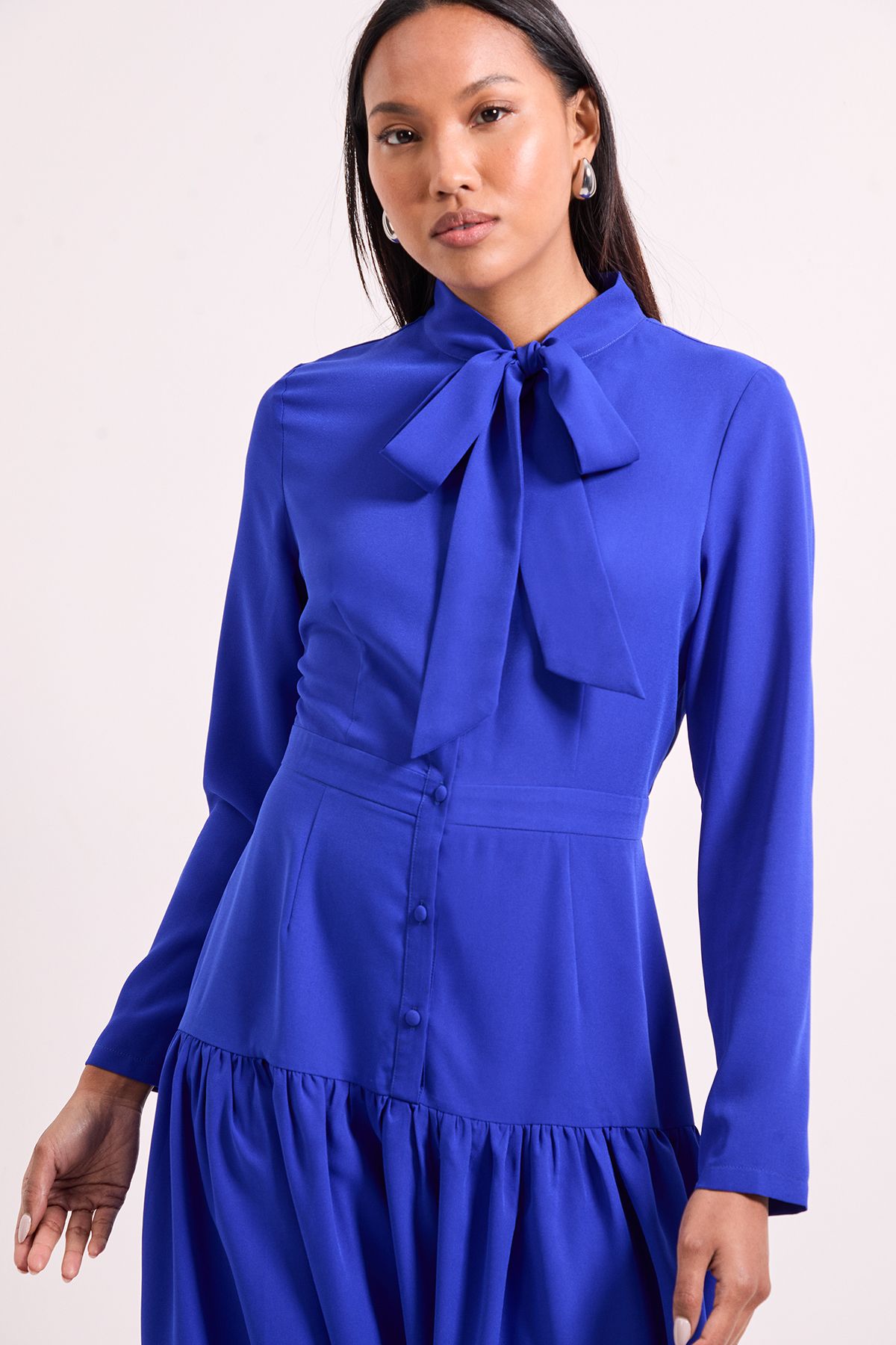 Principles Tie Neck Yolk Detail Crepe Midi Dress Cobalt image 2