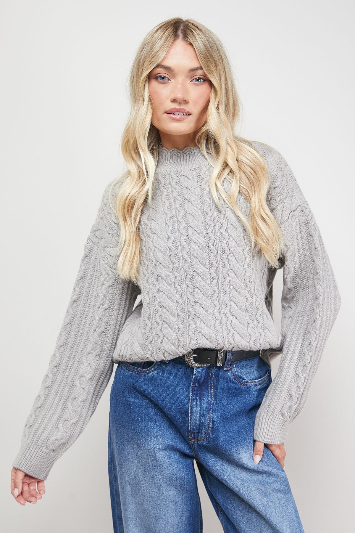 Oasis Wavy Cable Detail Scalloped Neck Jumper Grey image 2