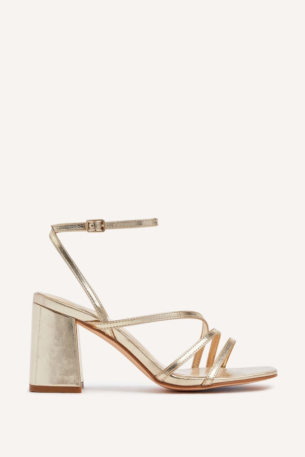 Linzi Status Gold Crossover Block Heeled Sandals