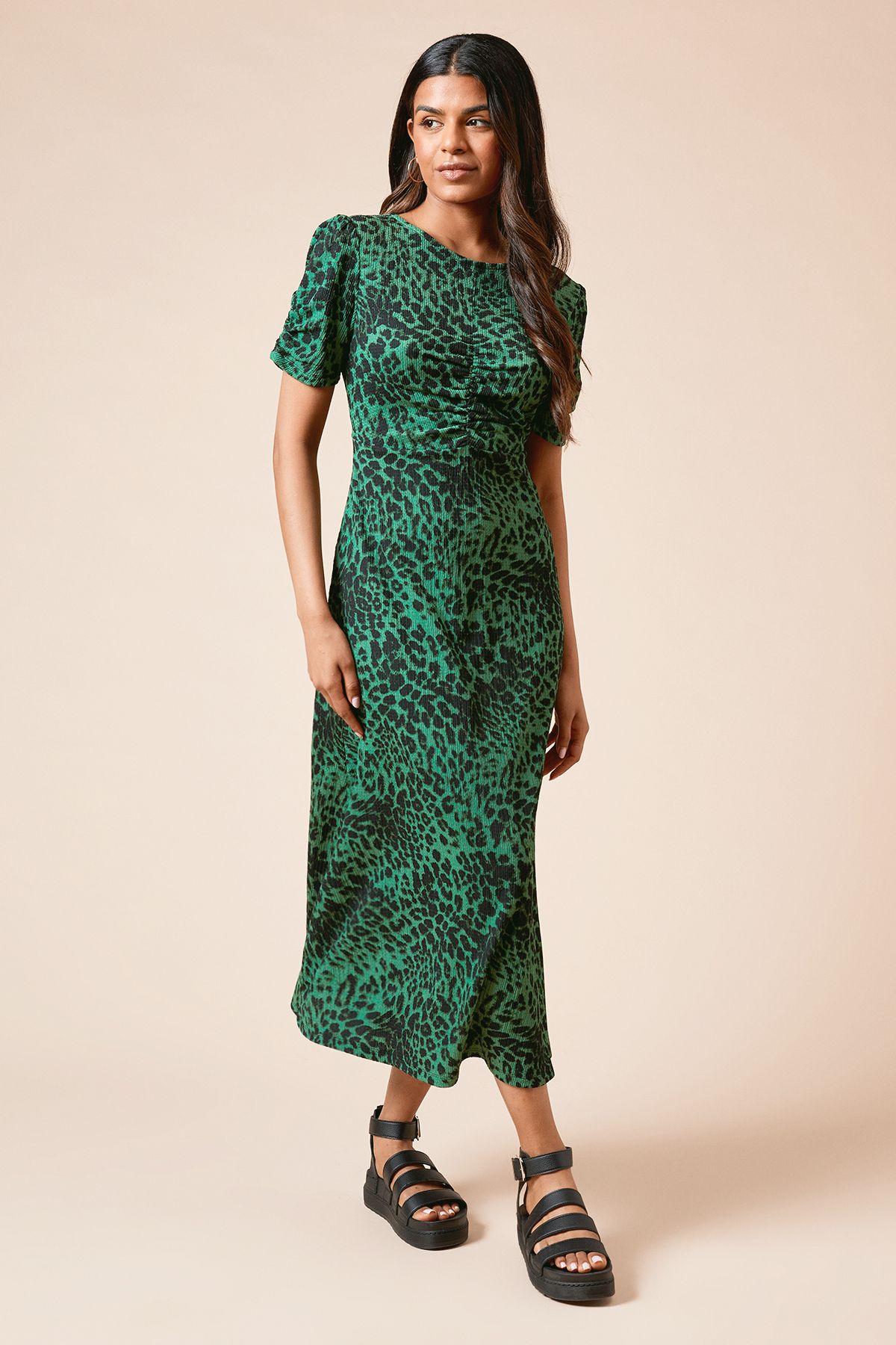 Dorothy Perkins Petite Animal Ruched Sleeve Jersey Midi Dress Animal
