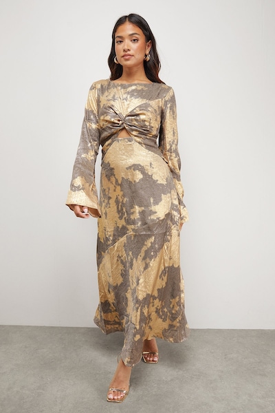 Warehouse Petite Metallic Marble Twist Front Bias Midi Dress Taupe