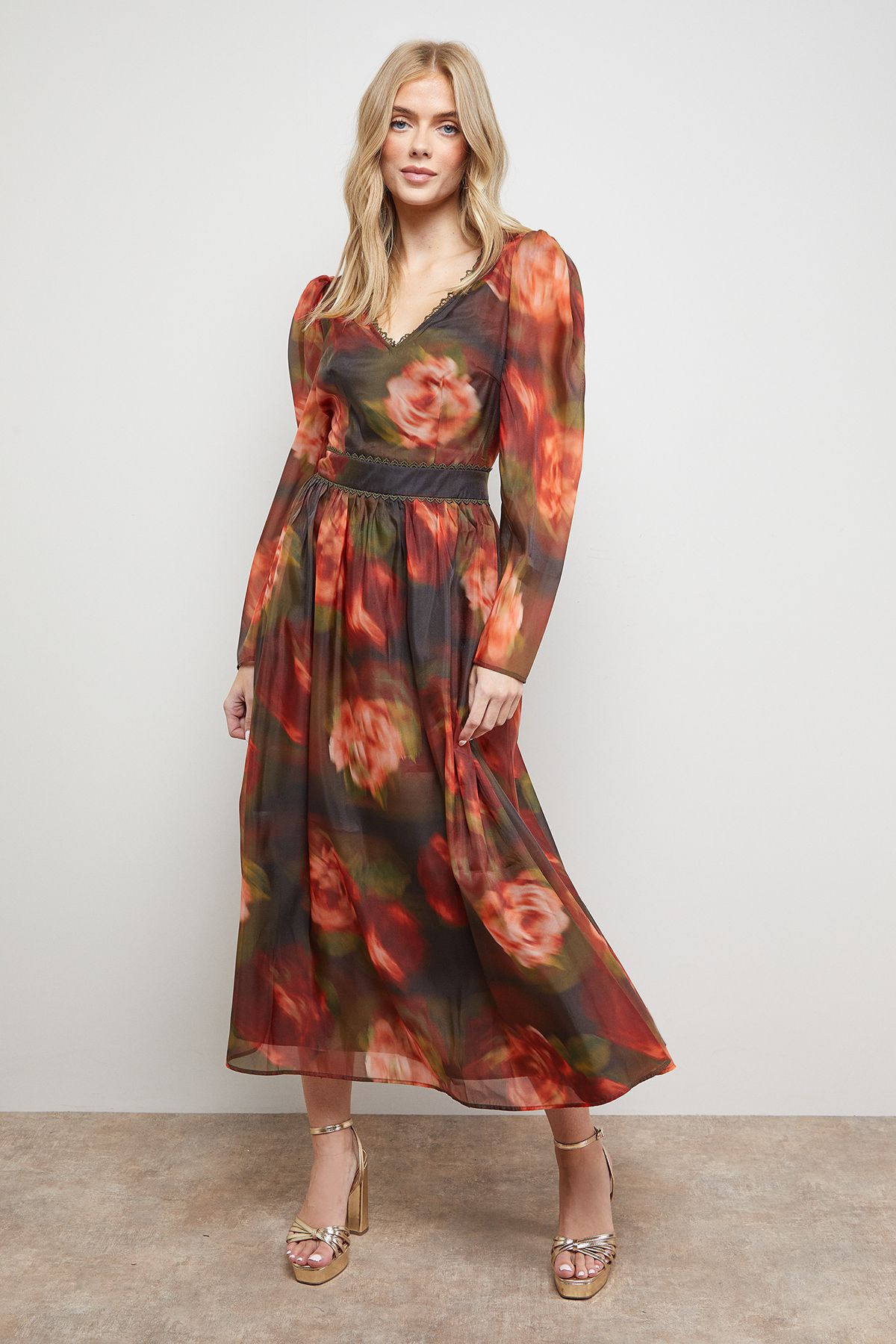 Oasis V Neck Open Back Long Sleeve Midi Dress Floral image 1