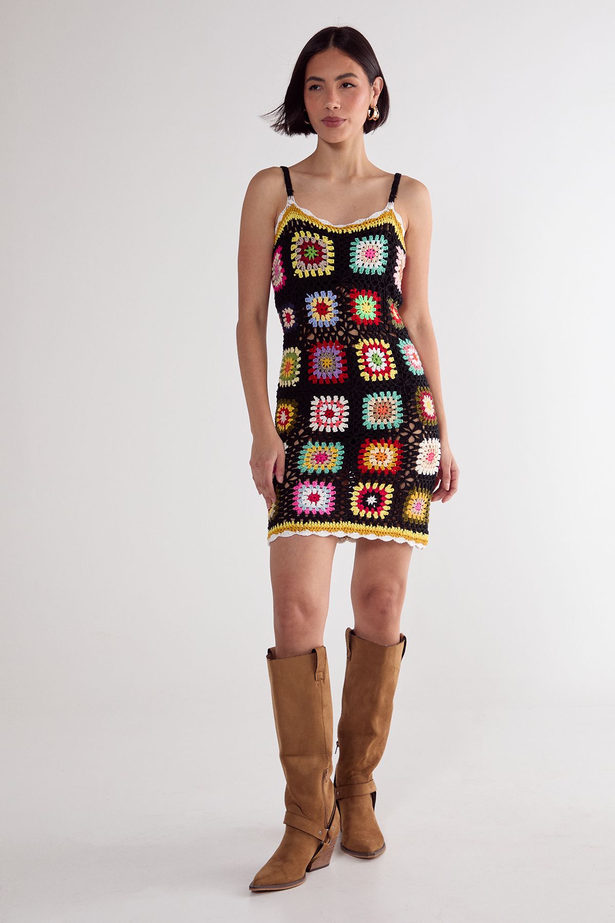 NastyGal Floral Hand Crochet Knitted Mini Dress Black image 2