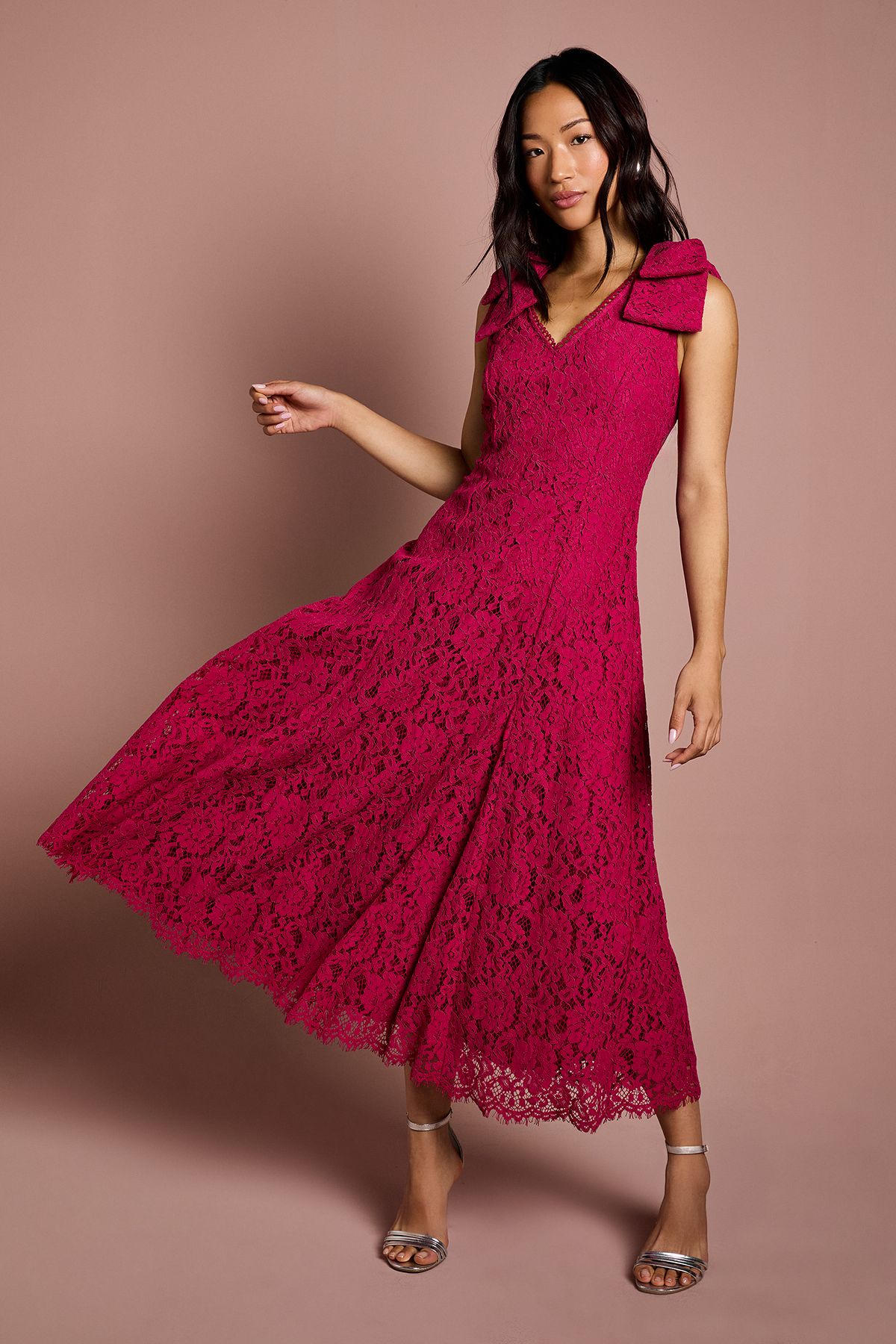 Coast Bow Shoulder V Neck Lace Midi Dress Burgundy image 1